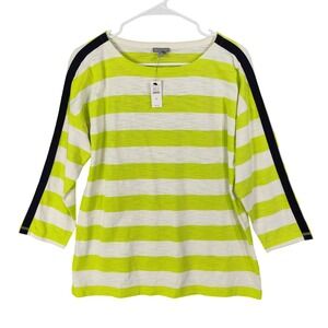 T by Talbots Womens Medium Striped 3/4 Sleeve Boat Neck Top Chartreuse White NEW
